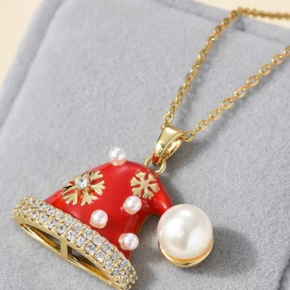 Santa Hat with Pearl on Gold Chain